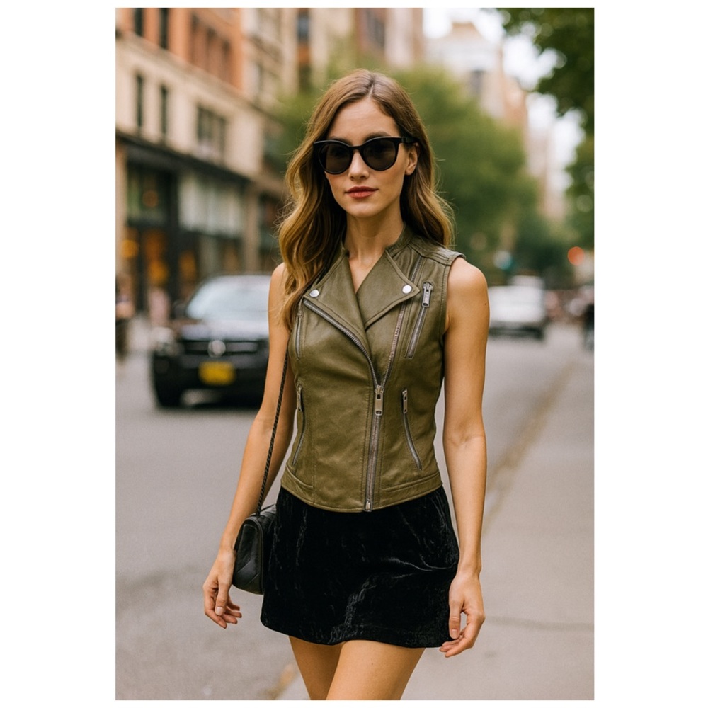 Anine Bing Olive Green Lamb Leather Moto Vest Sleeveless XS